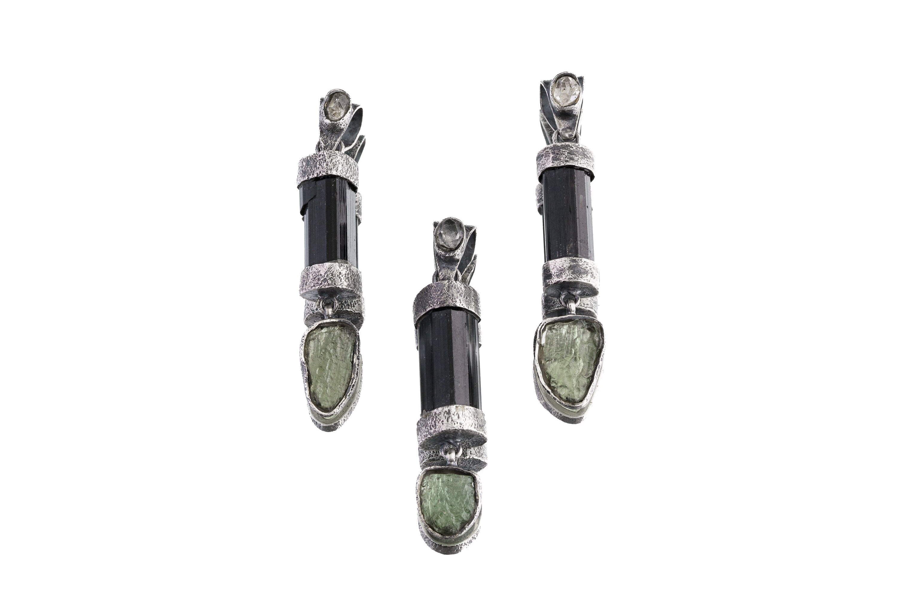 Moldavite, Black Tourmaline & Herkimer Diamond - POWER HOUSE - Sterling Silver - Oxidised and Textured - Crystal Pendant