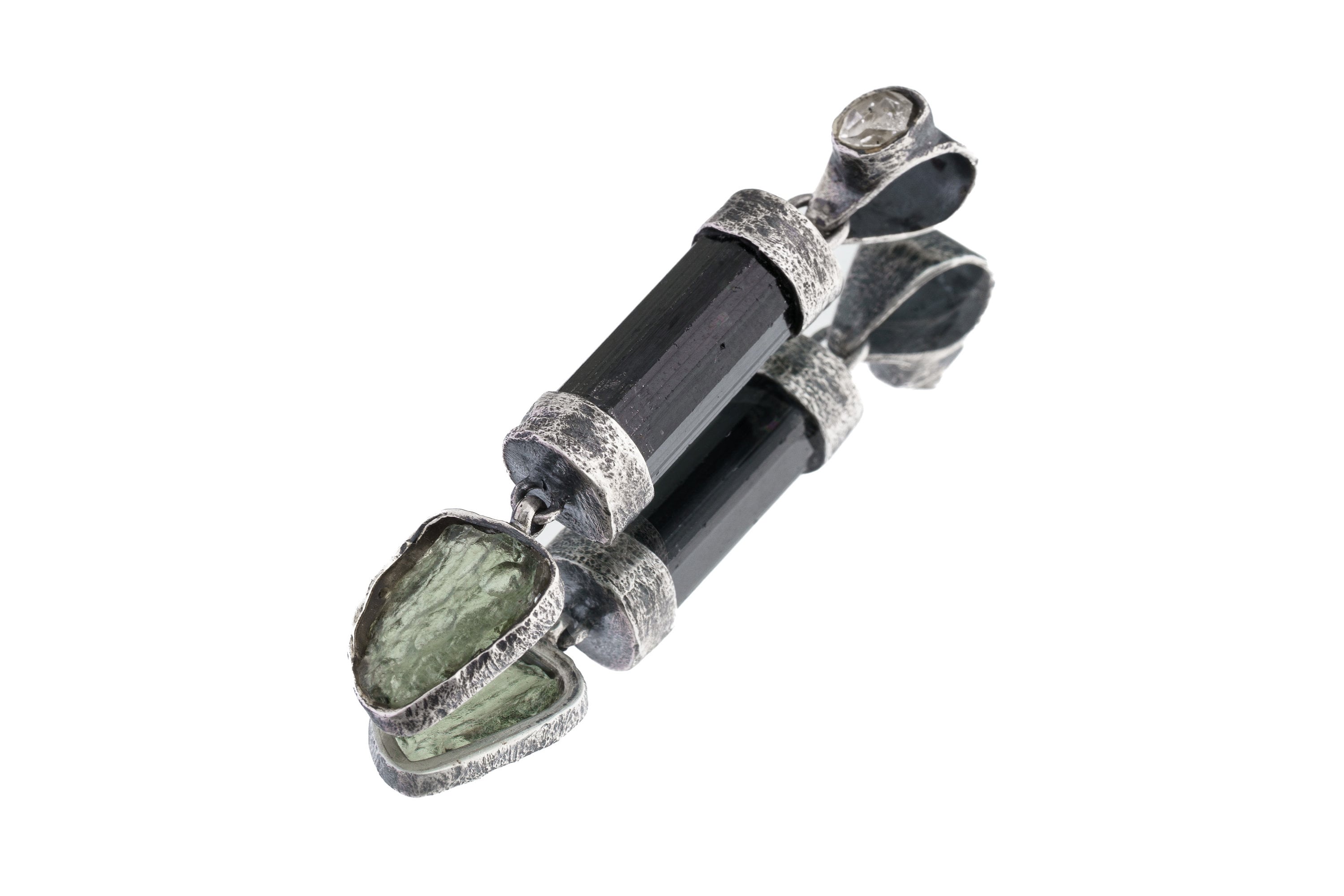 Moldavite, Black Tourmaline & Herkimer Diamond - POWER HOUSE - Sterling Silver - Oxidised and Textured - Crystal Pendant