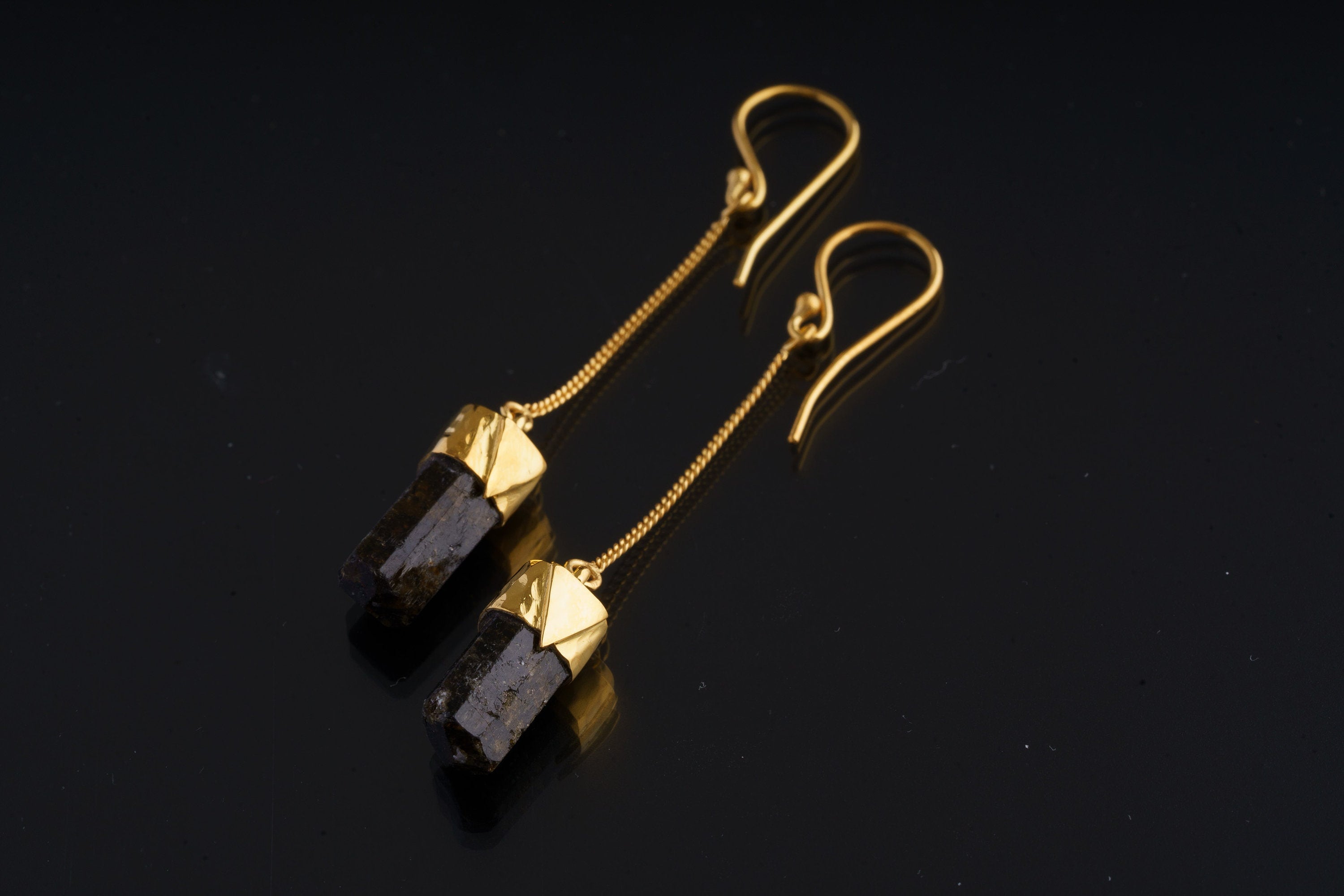 Raw Double Terminated Gem Grade Himalayan Dravite ( BROWN ) Tourmaline - Hammered Gold-Plated Sterling Silver - Dangle Earring Pair