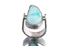 Tooth Shaped Larimar Cabochon - Rustic Comfortable Crystal Ring - Size 9 US - 925 Sterling Silver - Rock Textured & Oxidised