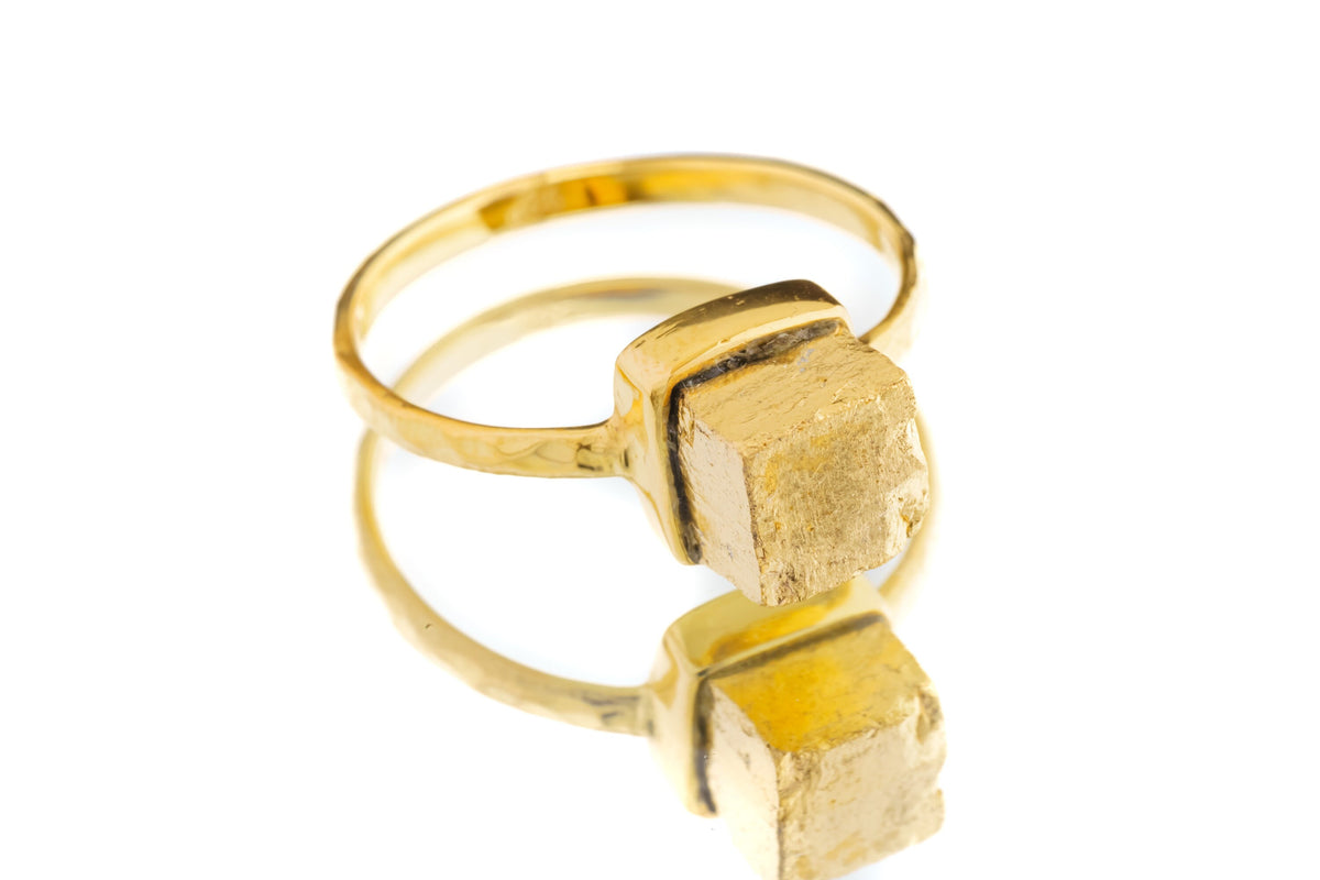 Gold Coated Australian Cubic Pyrite - Stack Crystal Ring - Size 6 1/4 US - Gold Plated 925 Sterling Silver - Thin Band Hammer Textured