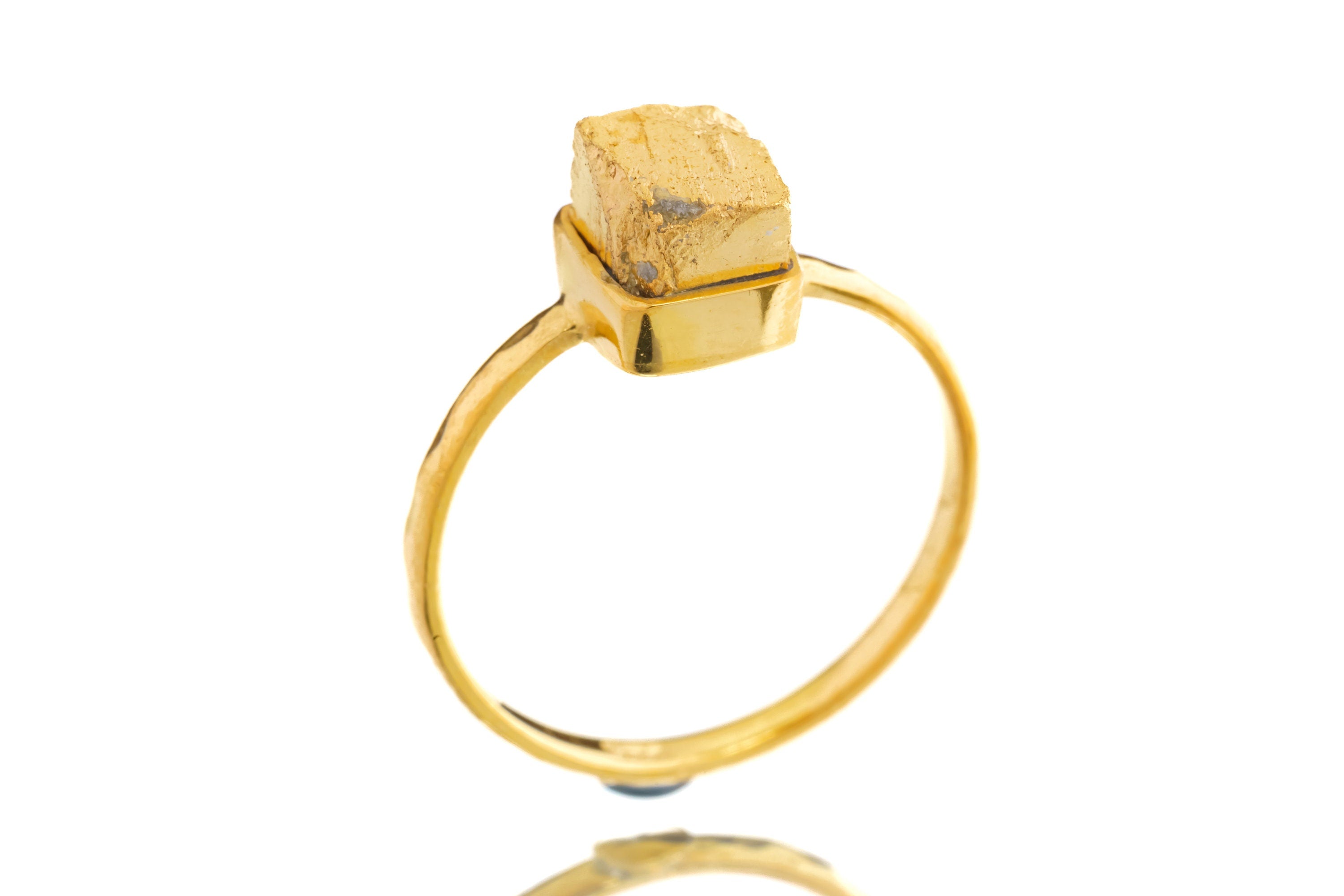 Gold Coated Australian Cubic Pyrite - Stack Crystal Ring - Size 6 US - Gold Plated 925 Sterling Silver - Thin Band Hammer Textured