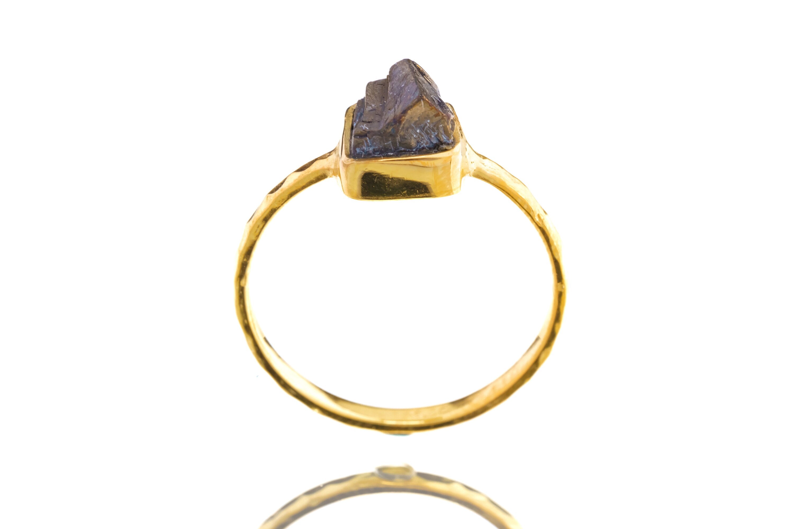 Gold Kissed Australian Cubic Pyrite - Stack Crystal Ring - Size 5 1/2 US - Gold Plated 925 Sterling Silver - Thin Band Hammer Textured