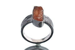 Raw Facet Grade Natural Sunstone - Men's/Unisex Large Crystal Ring - Size 7.5 US - 925 Sterling Silver - Hammer Textured & Oxidised