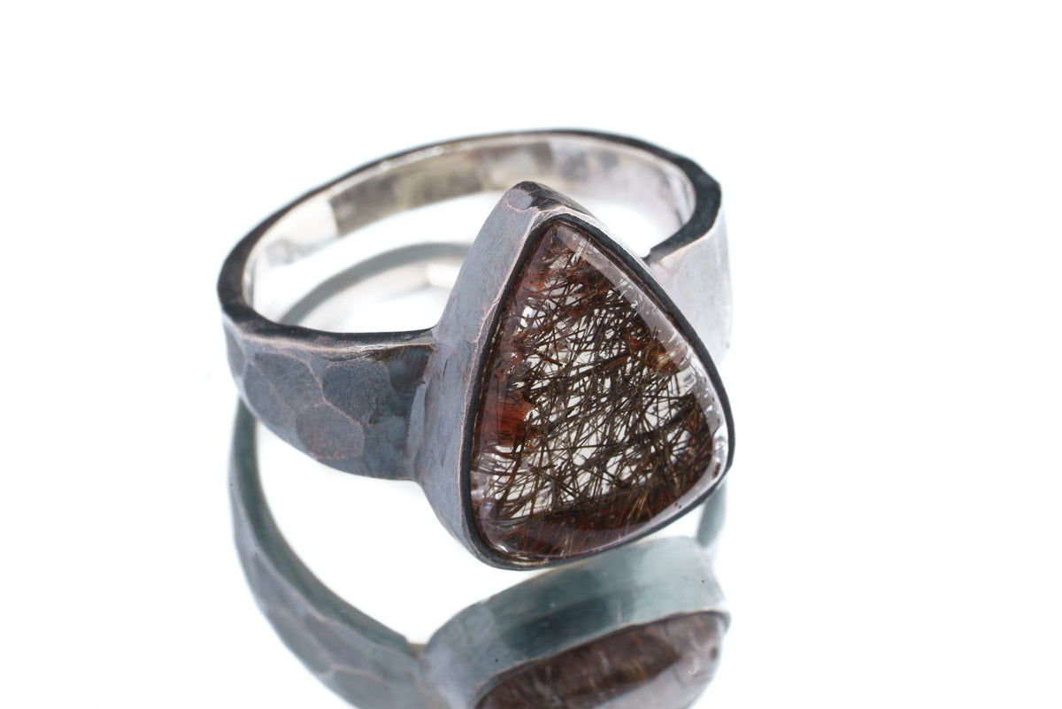 Men's / Unisex Large Crystal Ring - Rare Copper Rutile Quartz Cabochon - Size 11 1/2 US - 925 Sterling Silver - Hammer Textured & Oxidised