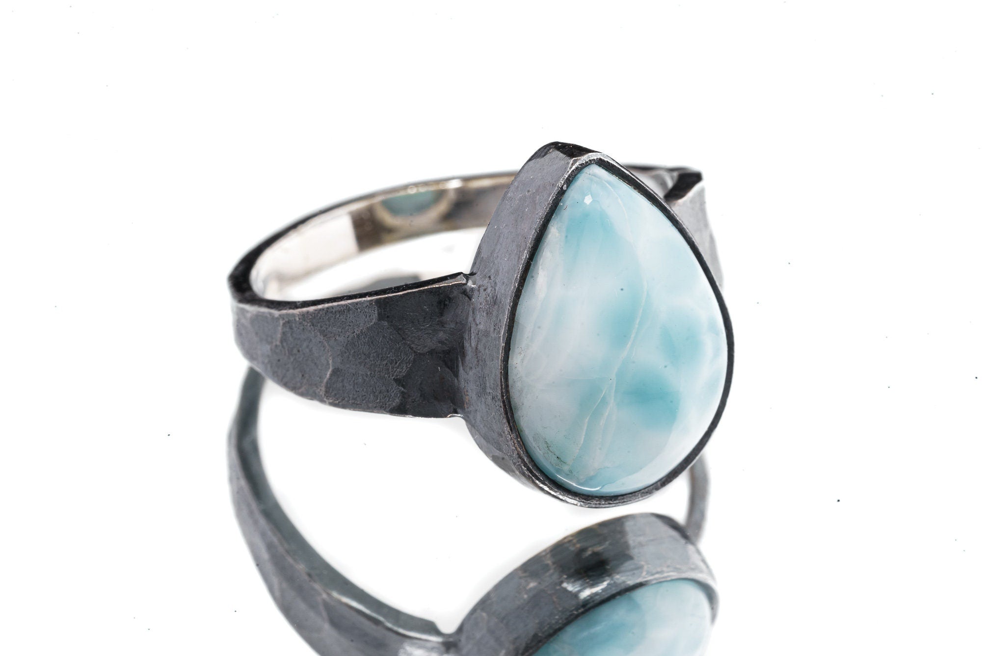 Tear Drop Larimar Cabochon - Men's/Unisex Large Crystal Ring - Size 13 US - 925 Sterling Silver - Hammer Textured & Oxidised