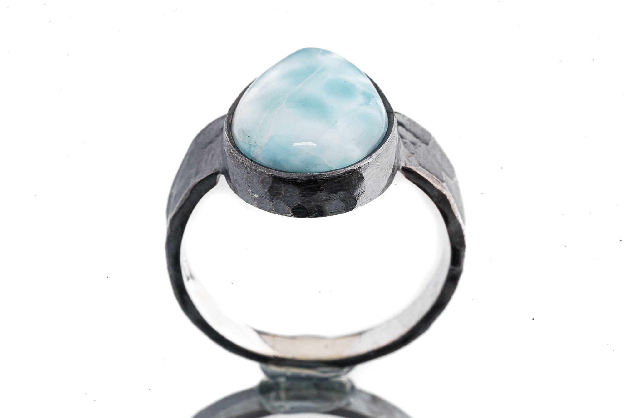 Tear Drop Larimar Cabochon - Men's/Unisex Large Crystal Ring - Size 13 US - 925 Sterling Silver - Hammer Textured & Oxidised