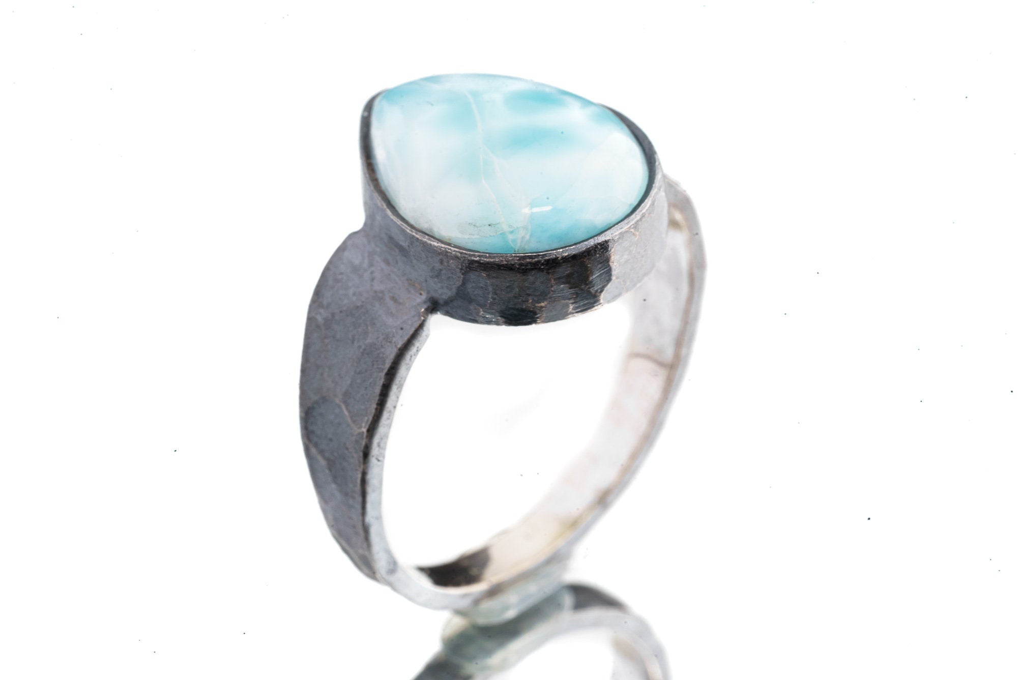 Tear Drop Larimar Cabochon - Men's/Unisex Large Crystal Ring - Size 13 US - 925 Sterling Silver - Hammer Textured & Oxidised