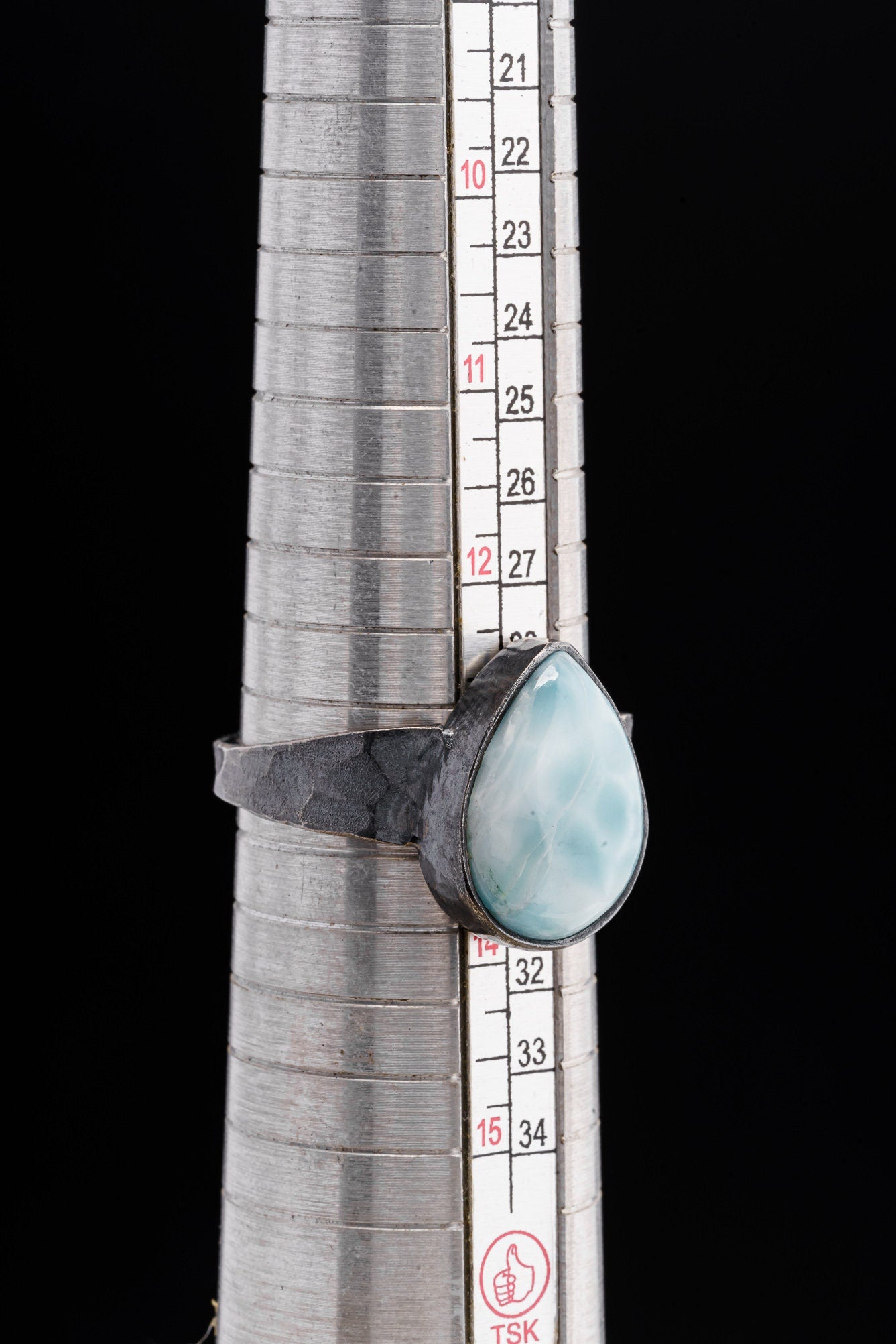 Tear Drop Larimar Cabochon - Men's/Unisex Large Crystal Ring - Size 13 US - 925 Sterling Silver - Hammer Textured & Oxidised