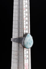 Tear Drop Larimar Cabochon - Men's/Unisex Large Crystal Ring - Size 13 US - 925 Sterling Silver - Hammer Textured & Oxidised
