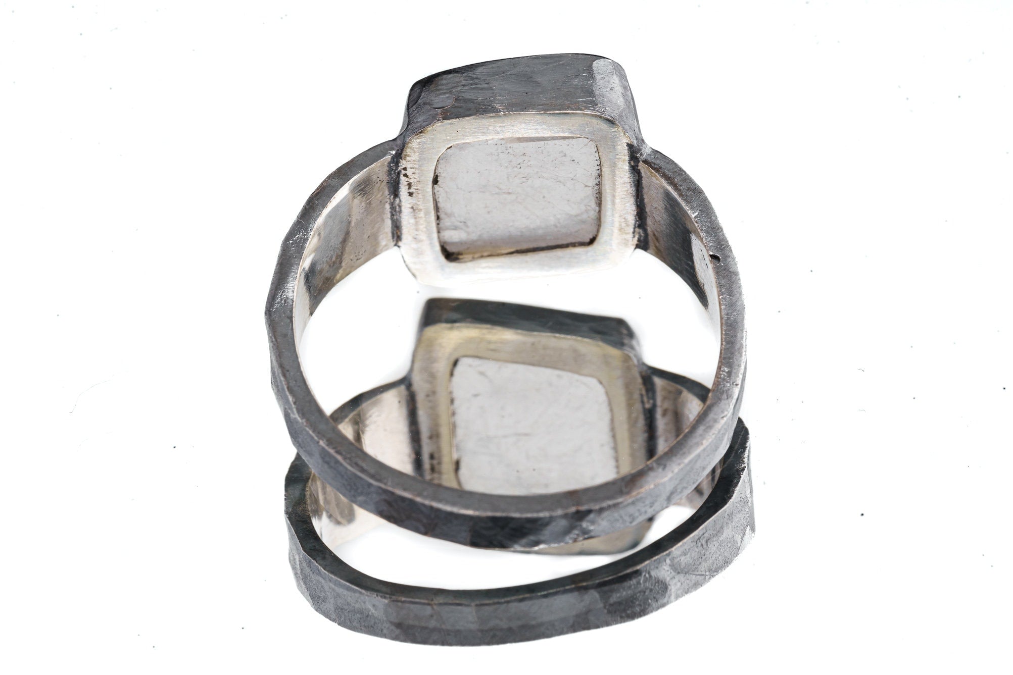 Optical Selenite - Unisex / Men - Large Crystal Ring - Size 13 US - 925 Sterling Silver - Hammer Textured & Oxidised