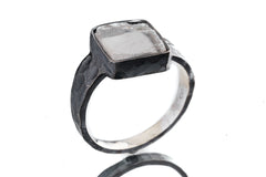 Optical Selenite - Unisex / Men - Large Crystal Ring - Size 13 US - 925 Sterling Silver - Hammer Textured & Oxidised
