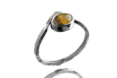 Rustic Boho Golden Oval Rainbow Labradorite Ring, Hammered Oxidised Triangle Band, 925 Sterling Silver, Size Range 4.5 - 8 US