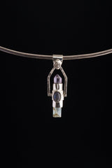 Raw Aquamarine & Generator Amethyst Point with a Herkimer Diamond, Labradorite and Apatite - Sterling Silver Set - Spinning Crystal Pendant