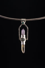 Lemurian Citrine & Generator Amethyst Point dressed with a Emerald, Labradorite and Apatite - Sterling Silver Set - Spinning Crystal Pendant
