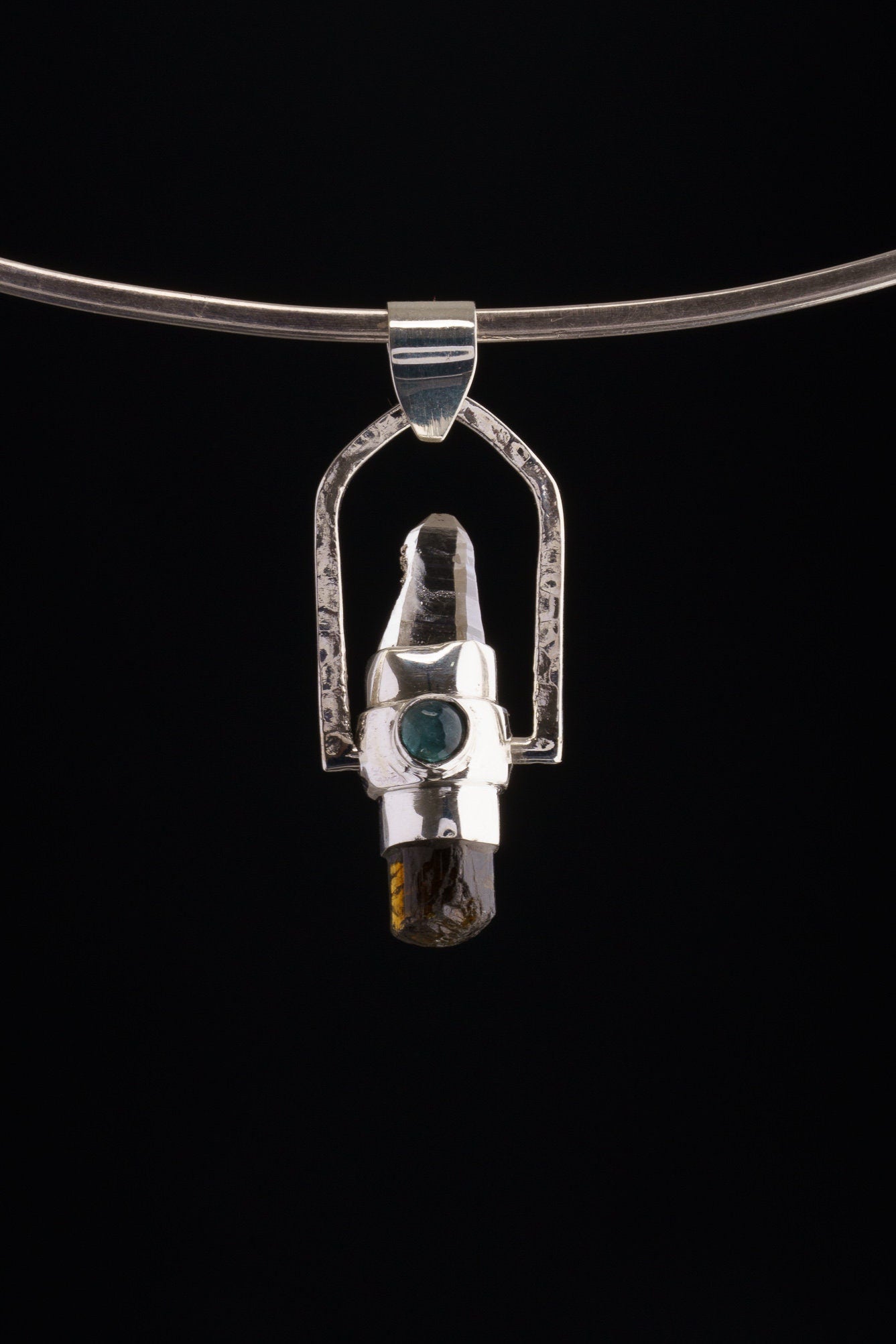 Himalayan Lazer & Gem Dravite Tourmaline with a Ethiopian opal, Labradorite, Aquamarine - Sterling Silver Set - Spinning Crystal Pendant