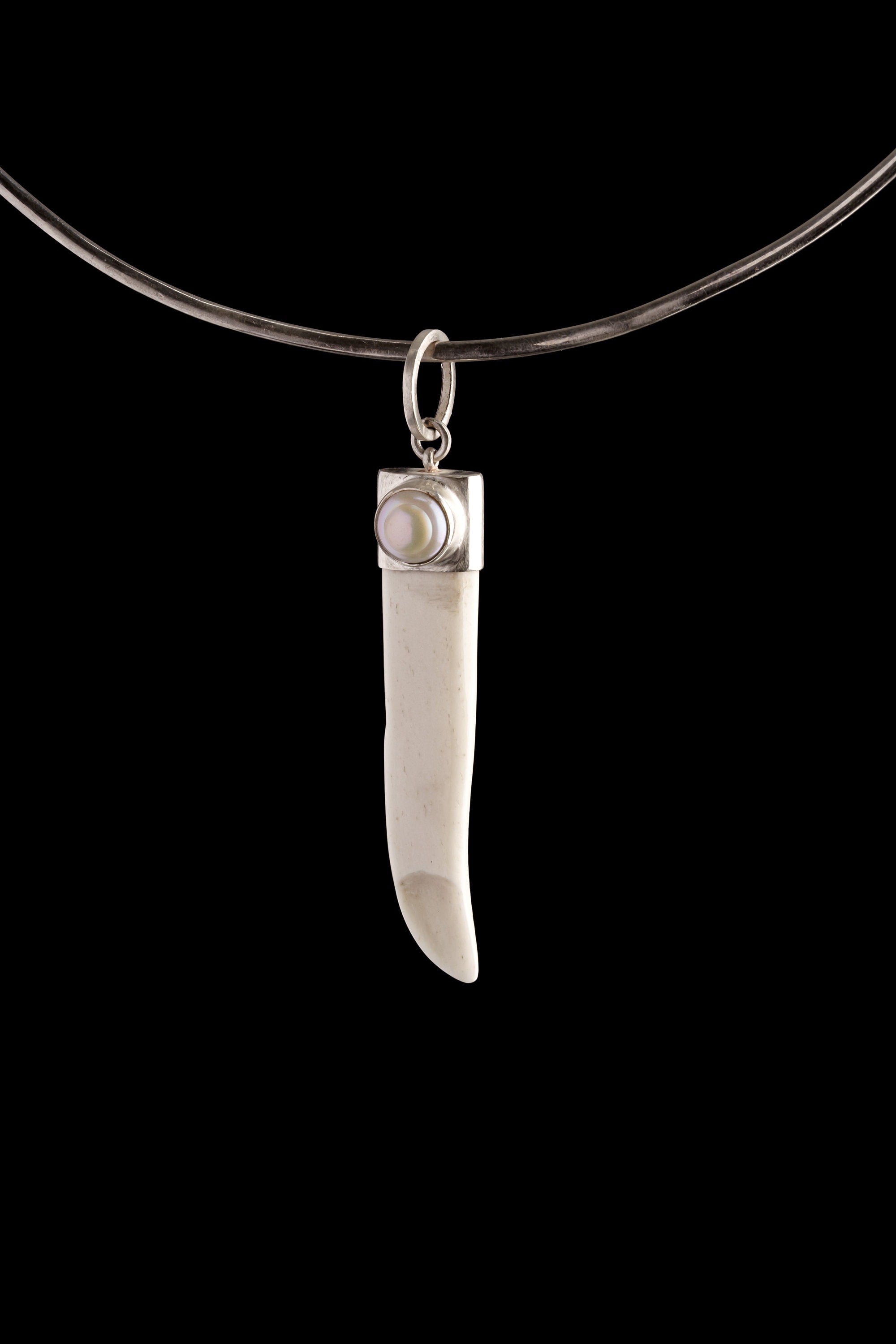 Elegant Large South Sea Pearl Spoon Necklace, Carved Ancient Bone Tool Talisman with 925 Silver Cap for Spice or Ceremonial Use