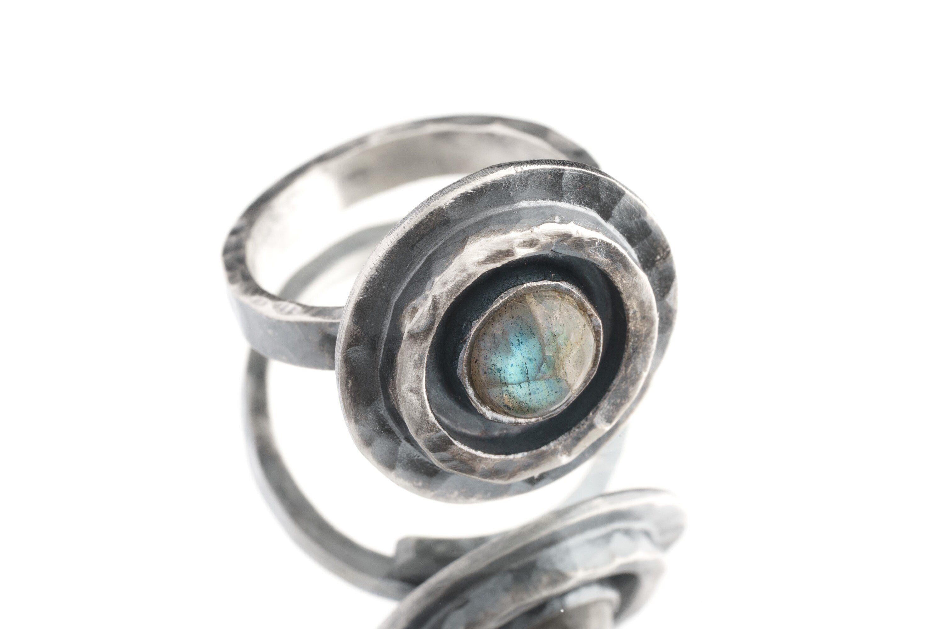 Rainbow Labradorite Dome Ring, Oxidized Rustic Boho Vibe, Thick 925 Sterling Silver, Adjustable Textured Ring Band, Size 5-10 US