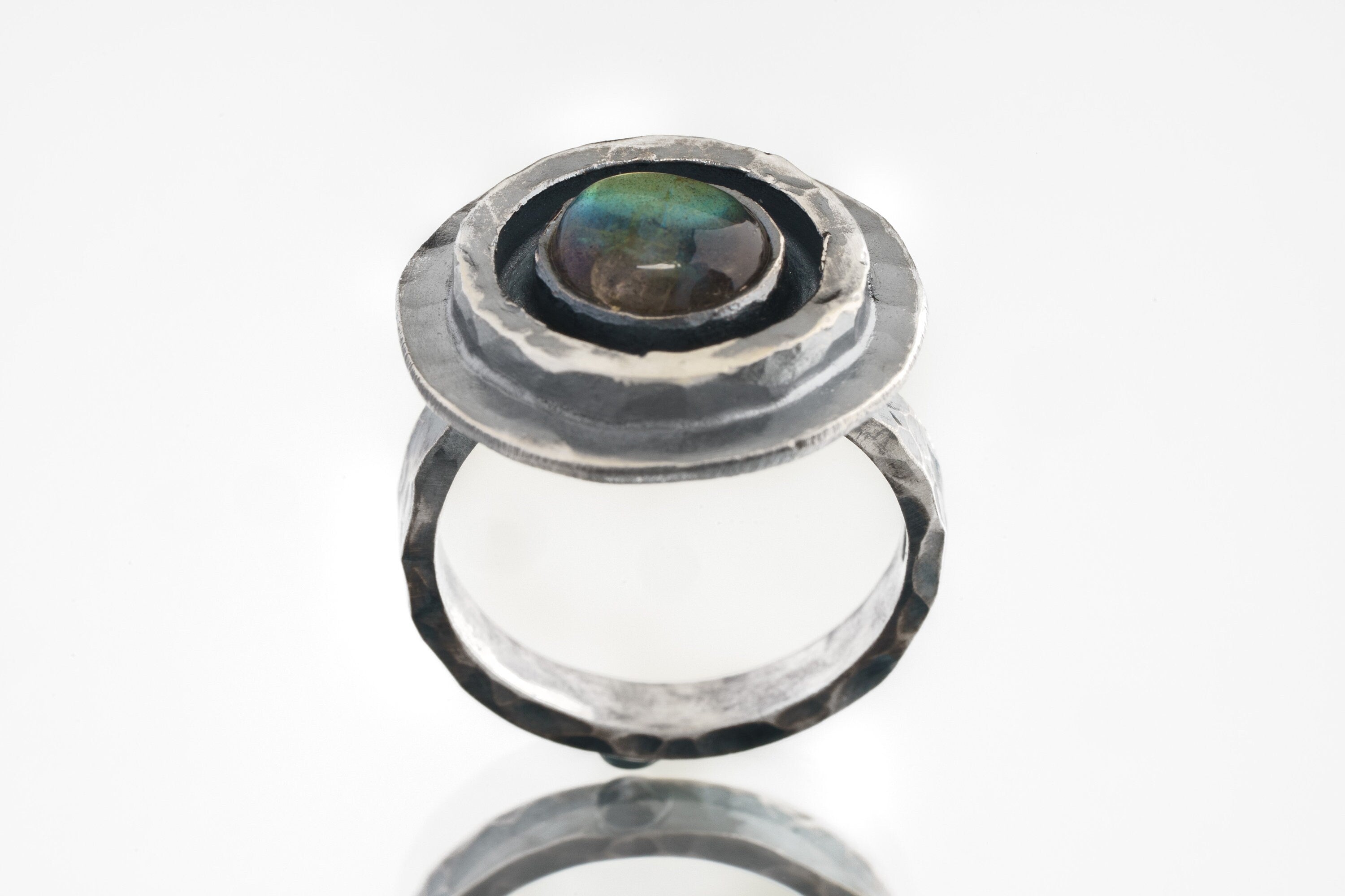 Rainbow Labradorite Dome Ring, Oxidized Rustic Boho Vibe, Thick 925 Sterling Silver, Adjustable Textured Ring Band, Size 5-10 US