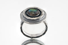 Rainbow Labradorite Dome Ring, Oxidized Rustic Boho Vibe, Thick 925 Sterling Silver, Adjustable Textured Ring Band, Size 5-10 US