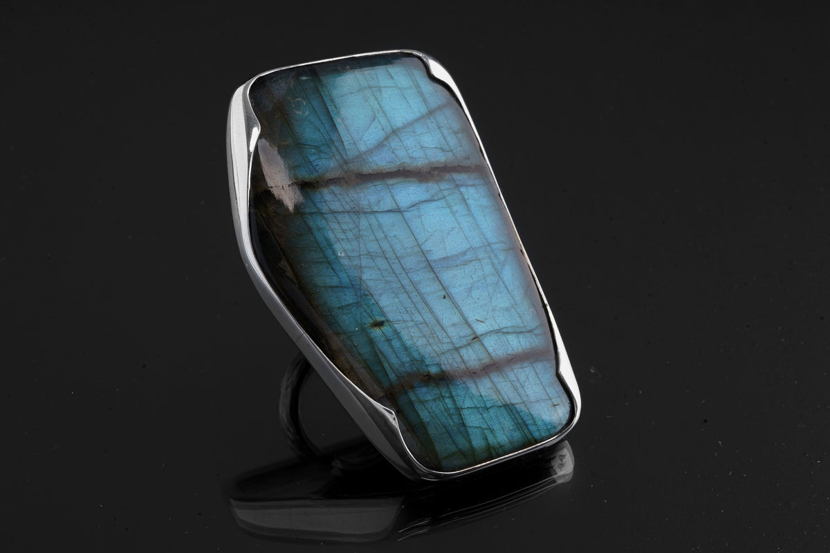 Big AAA Blue Labradorite Freeform Wing Shaped (Has a Twin) - 925 Sterling Silver - Heavy Set Adjustable Textured Ring - Size 5-10 US