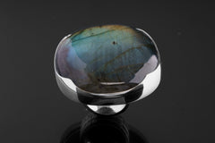 Big AAA Rainbow Labradorite Oval - 925 Sterling Silver - Heavy Set Adjustable Textured Ring - Size 5-10 US