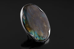 Big AAA Rainbow Labradorite Oval - 925 Sterling Silver - Heavy Set Adjustable Textured Ring - Size 5-10 US