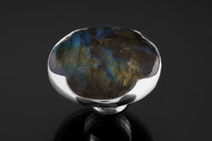 Big AAA Rainbow Labradorite Oval - 925 Sterling Silver - Heavy Set Adjustable Textured Ring - Size 5-10 US