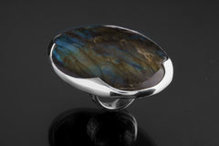 Big AAA Rainbow Labradorite Oval - 925 Sterling Silver - Heavy Set Adjustable Textured Ring - Size 5-10 US