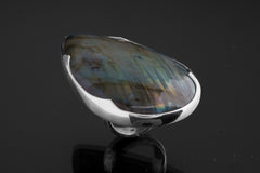 Big AAA Blue Labradorite Tear Drop - 925 Sterling Silver - Heavy Set Adjustable Textured Ring - Size 5-10 US