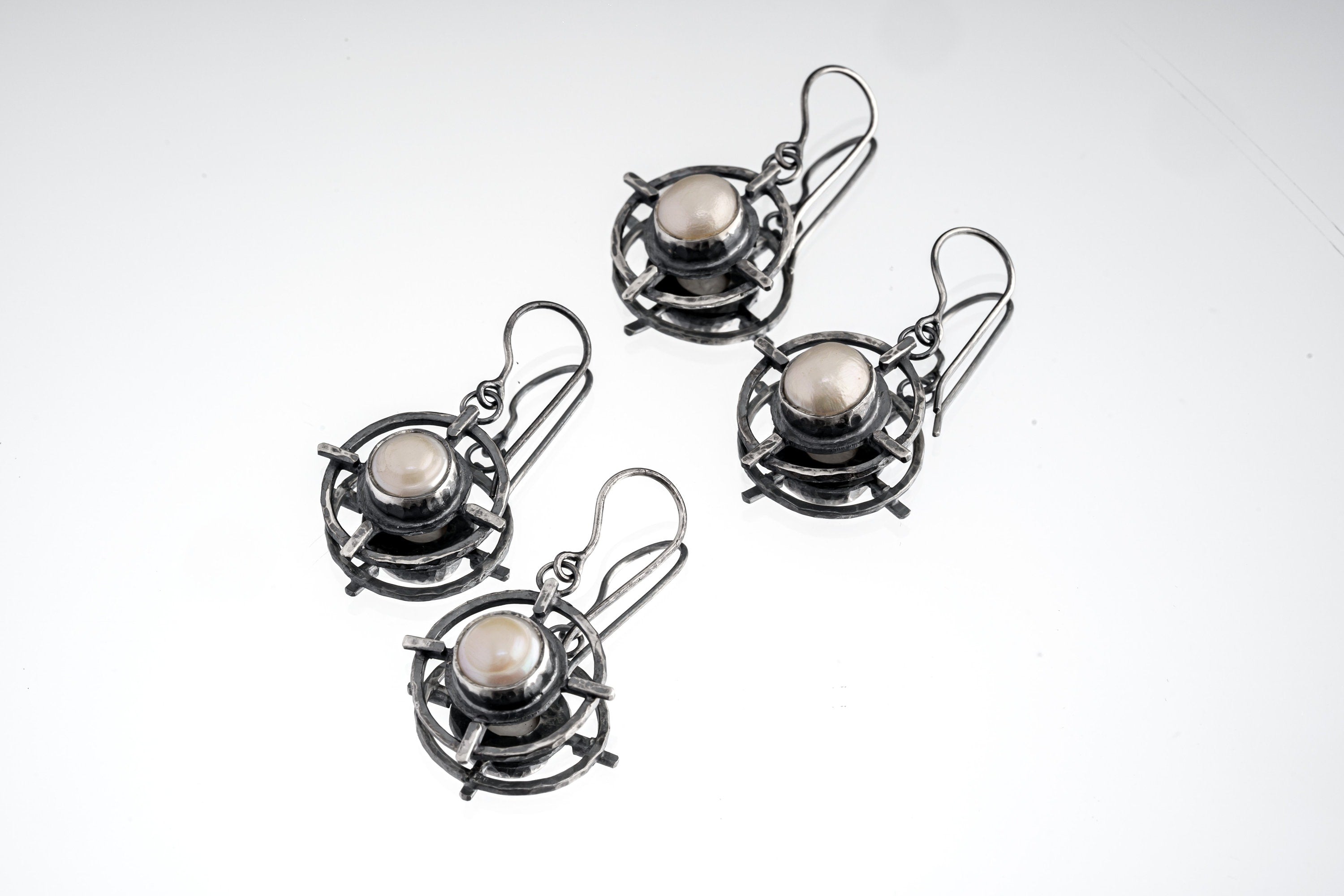South Sea Pearls - Oxidised Rustick Boho Vibe - 925 Sterling Silver - Intricately Layered & Textured Old World Vibe Earring Pair
