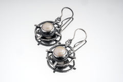 South Sea Pearls - Oxidised Rustick Boho Vibe - 925 Sterling Silver - Intricately Layered & Textured Old World Vibe Earring Pair