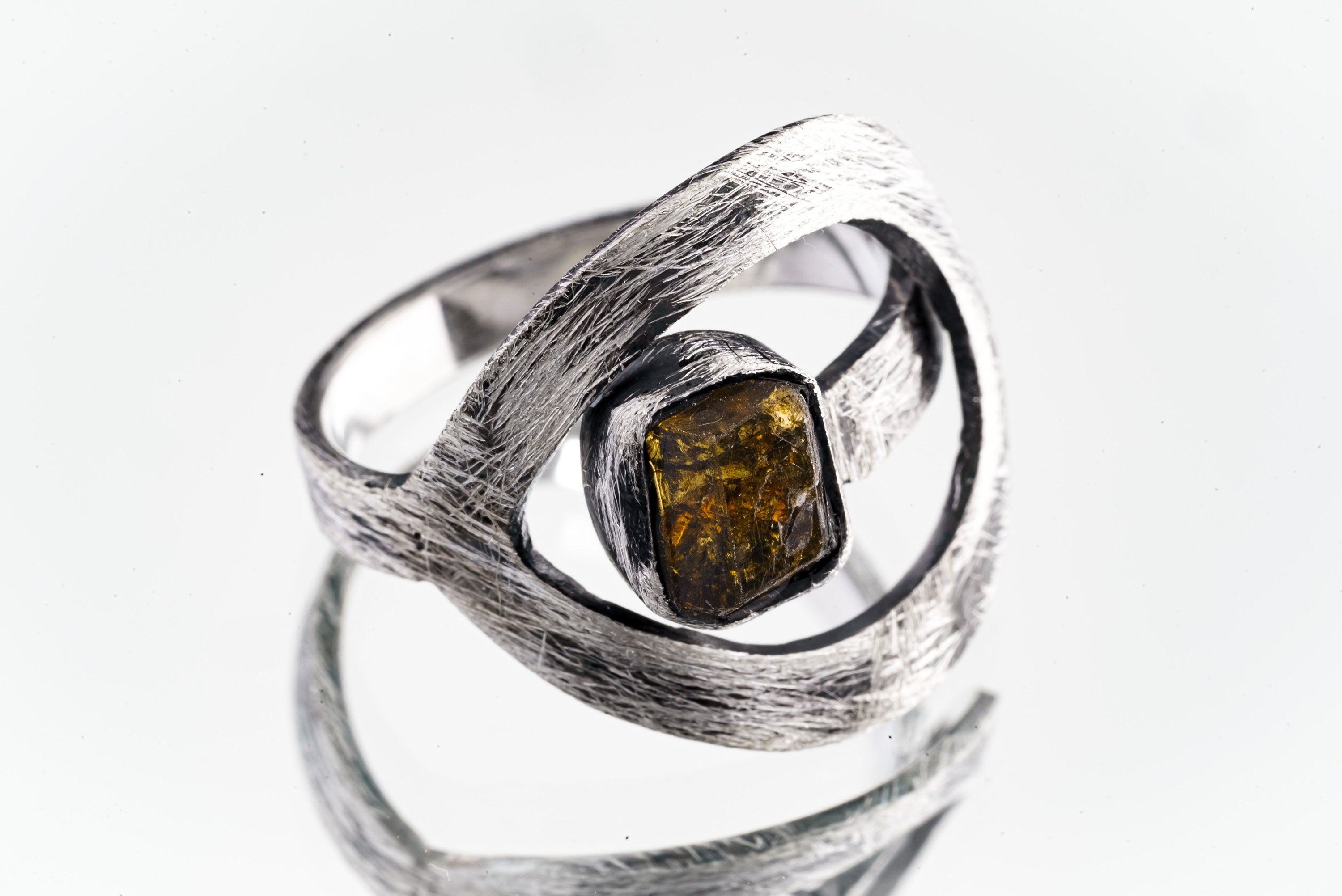 Raw Gem Dravite Brown Tourmaline - 925 Sterling Silver - Heavy Set Adjustable Loop Ring - Scratch Textured - Size 5-9 US - NO/4