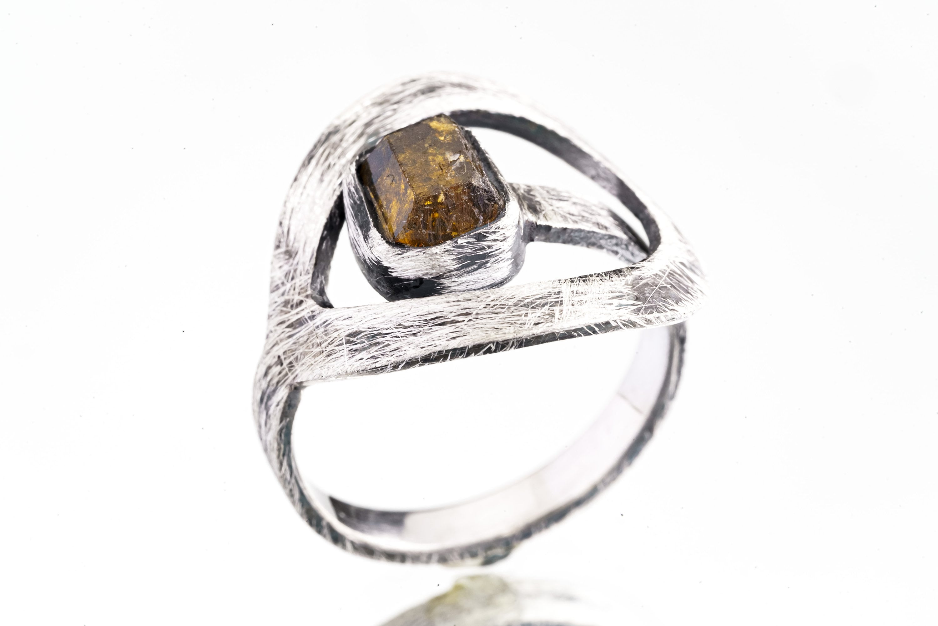 Raw Gem Dravite Brown Tourmaline - 925 Sterling Silver - Heavy Set Adjustable Loop Ring - Scratch Textured - Size 5-9 US - NO/4