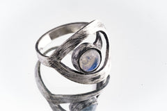 Round Blue Moonstone - 925 Sterling Silver - Heavy Set Adjustable Loop Ring - Scratch Textured - Size 5-9 US - NO/13