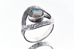 Round Rainbow Labradorite - 925 Sterling Silver - Heavy Set Adjustable Loop Ring - Hammer Textured - Size 5-9 US - NO/14