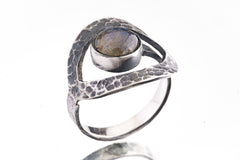 Round Rainbow Labradorite - 925 Sterling Silver - Heavy Set Adjustable Loop Ring - Hammer Textured - Size 5-9 US - NO/17