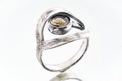 Round Smokey Quartz - 925 Sterling Silver - Heavy Set Adjustable Loop Ring - Scratch Textured - Size 5-9 US - NO/23