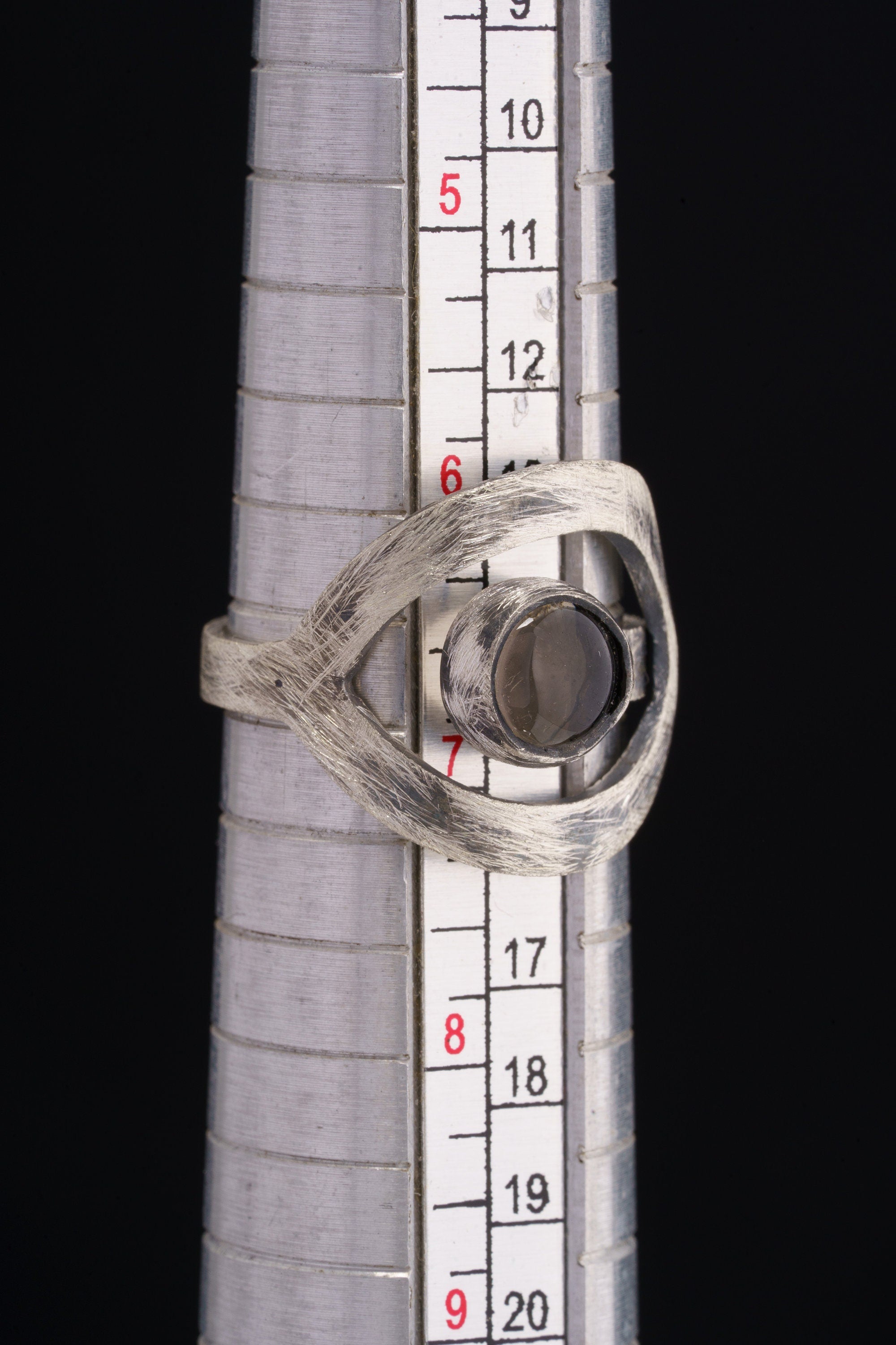 Round Smokey Quartz - 925 Sterling Silver - Heavy Set Adjustable Loop Ring - Scratch Textured - Size 5-9 US - NO/23