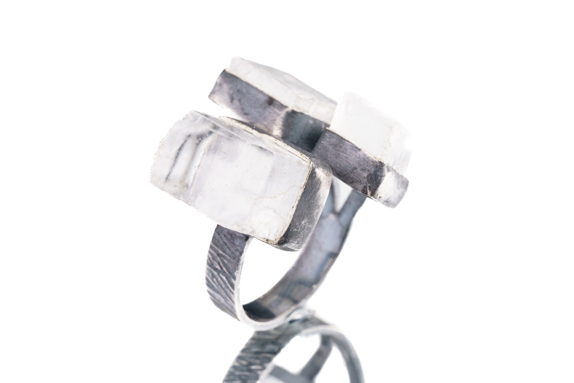 TRIPLE Optical Selenite - 925 Sterling Silver - Multi Stone - Textured, Oxidised - Open Ring Band - Adjustable US 6 - 10 - NO/16