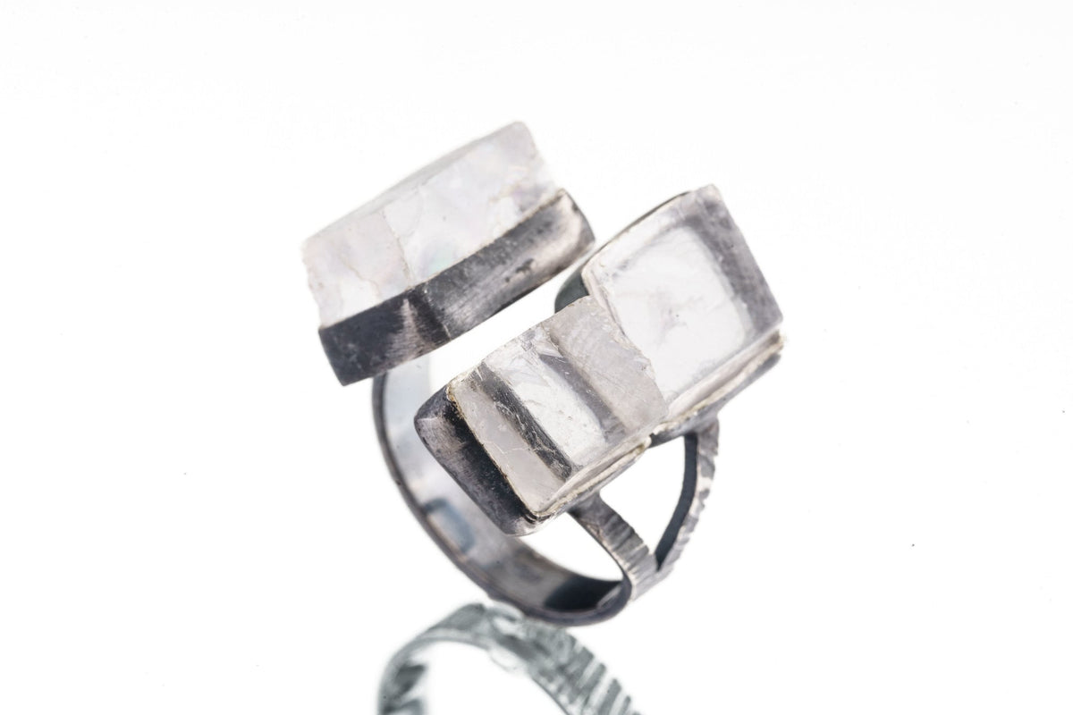 TRIPLE Optical Selenite - 925 Sterling Silver - Multi Stone - Textured, Oxidised - Open Ring Band - Adjustable US 6 - 10 - NO/16