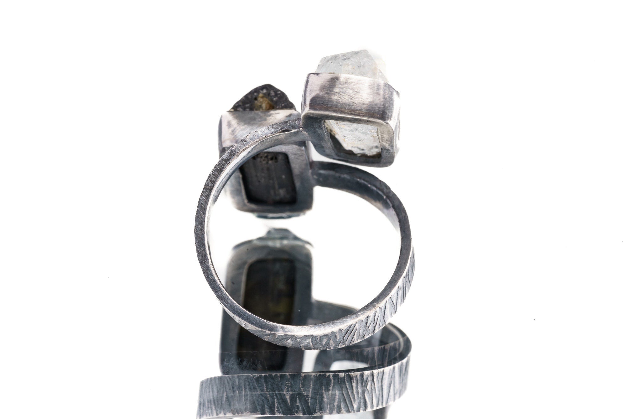 Aquamarine & Gem Tourmaline- 925 Sterling Silver - Double Stone - Textured, Oxidised - Open Ring Band - Adjustable US 4 - 10 - NO/1