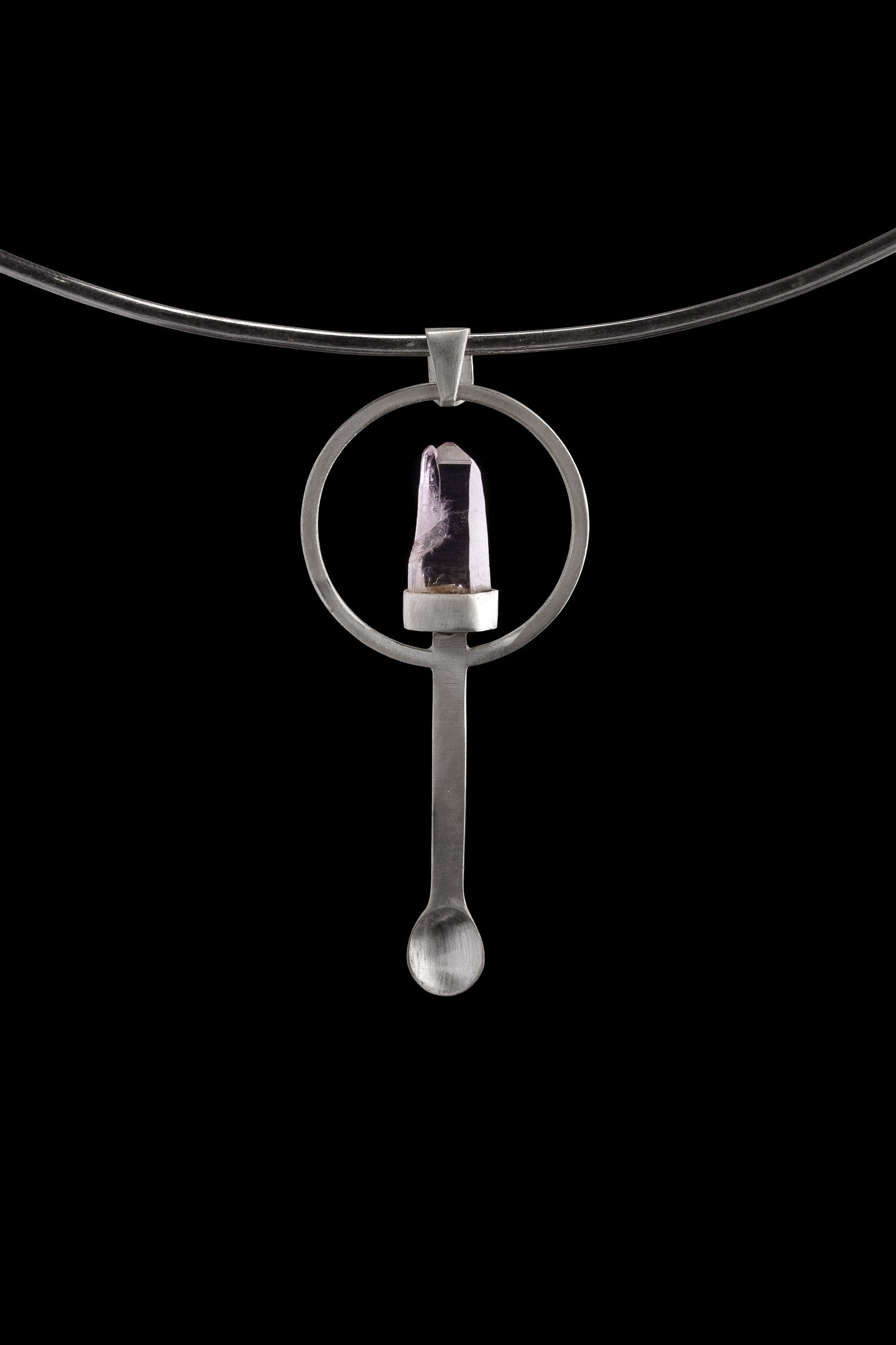 Vera Cruz Amethyst Quartz Point - Spice / Ceremonial Spoon - 925 Cast Silver - Unique Brush Textured - Crystal Pendant Necklace -