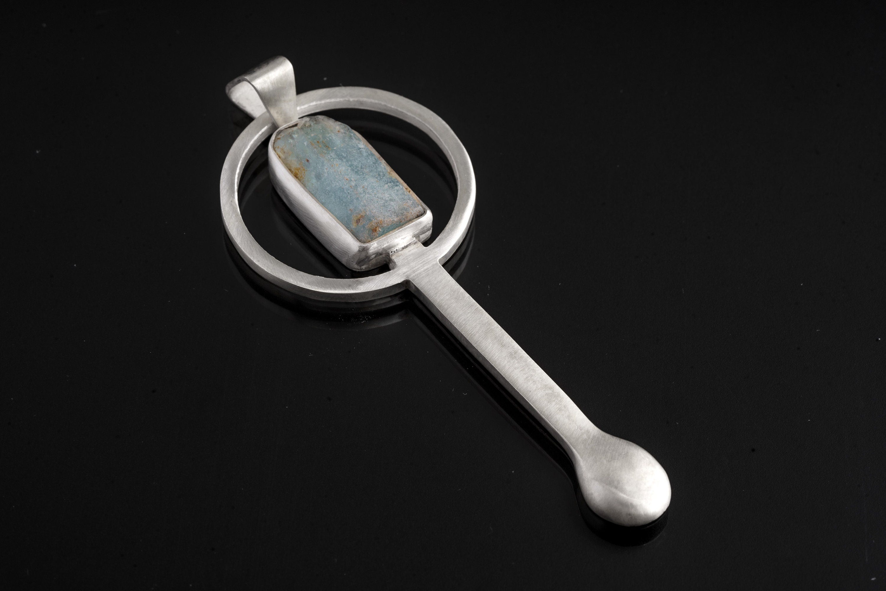 Raw Himalayan Aquamarine - Small Spice / Ceremonial Spoon - Solid 925 Cast Silver - Unique Brush Textured - Crystal Pendant Necklace -