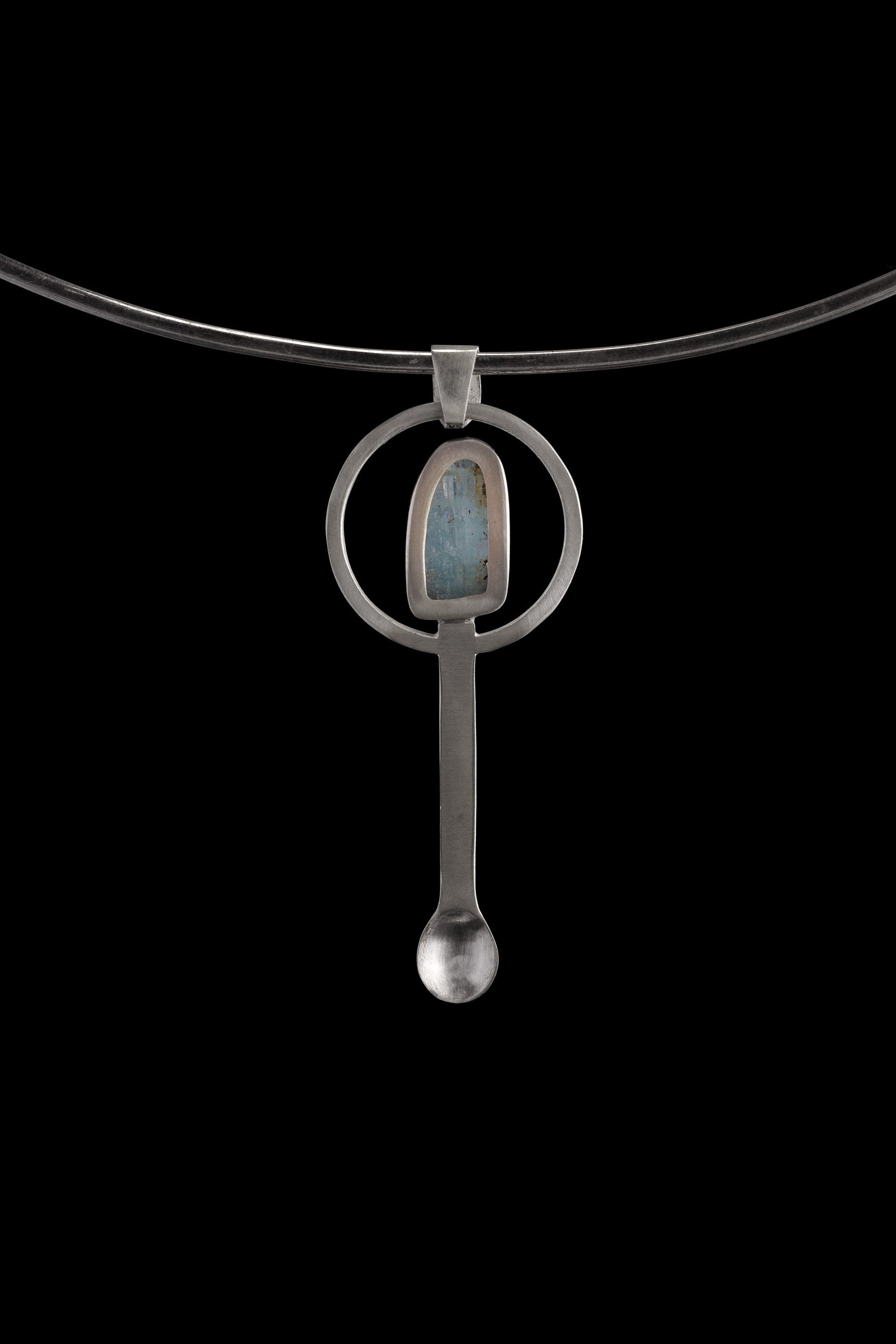 Raw Himalayan Aquamarine - Small Spice / Ceremonial Spoon - Solid 925 Cast Silver - Unique Brush Textured - Crystal Pendant Necklace -