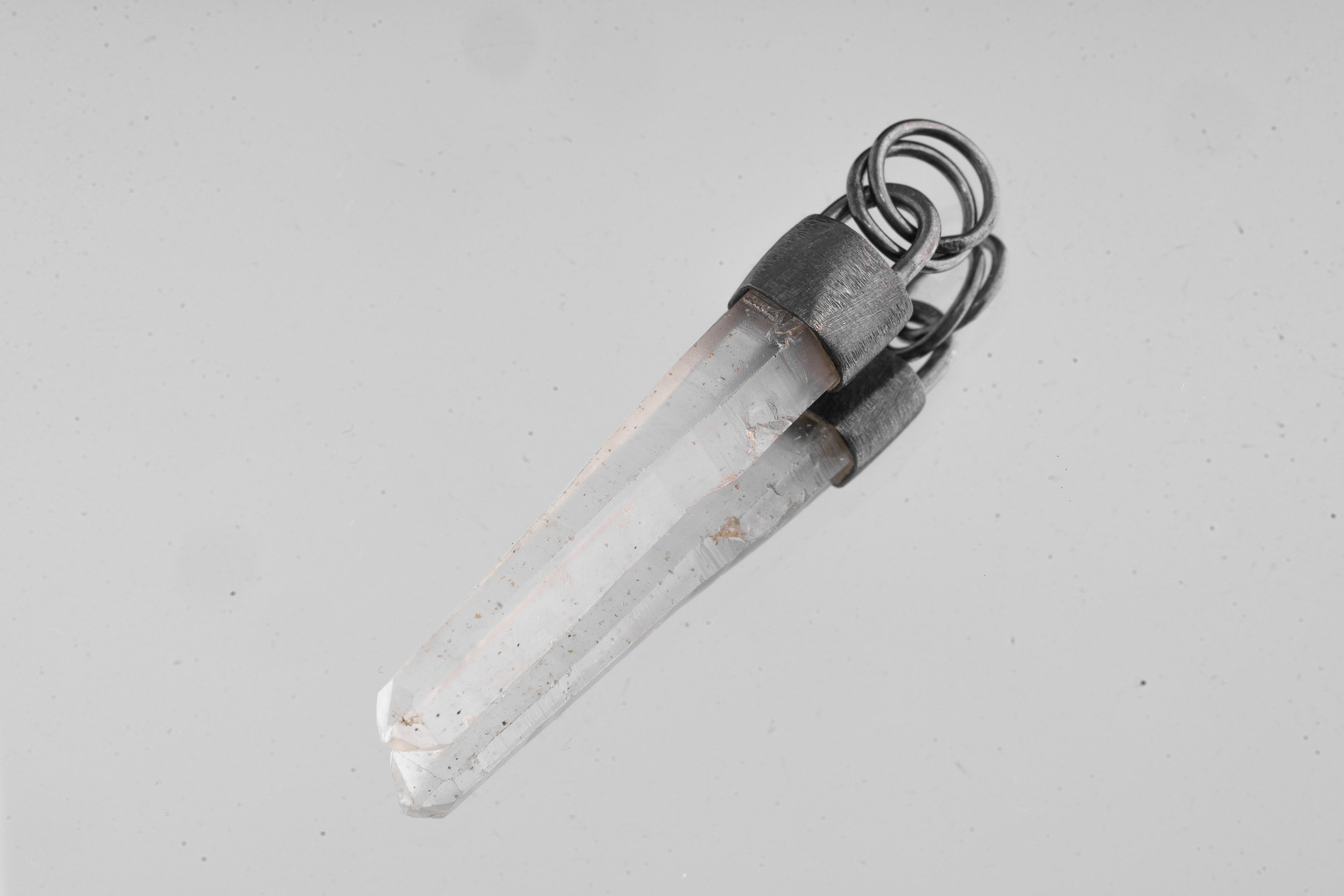 Oxidised Sterling Silver Brushed Pendant Featuring Australian Fossicked Specialty Clear Quartz Point, Strong Industrial Crystal Necklace