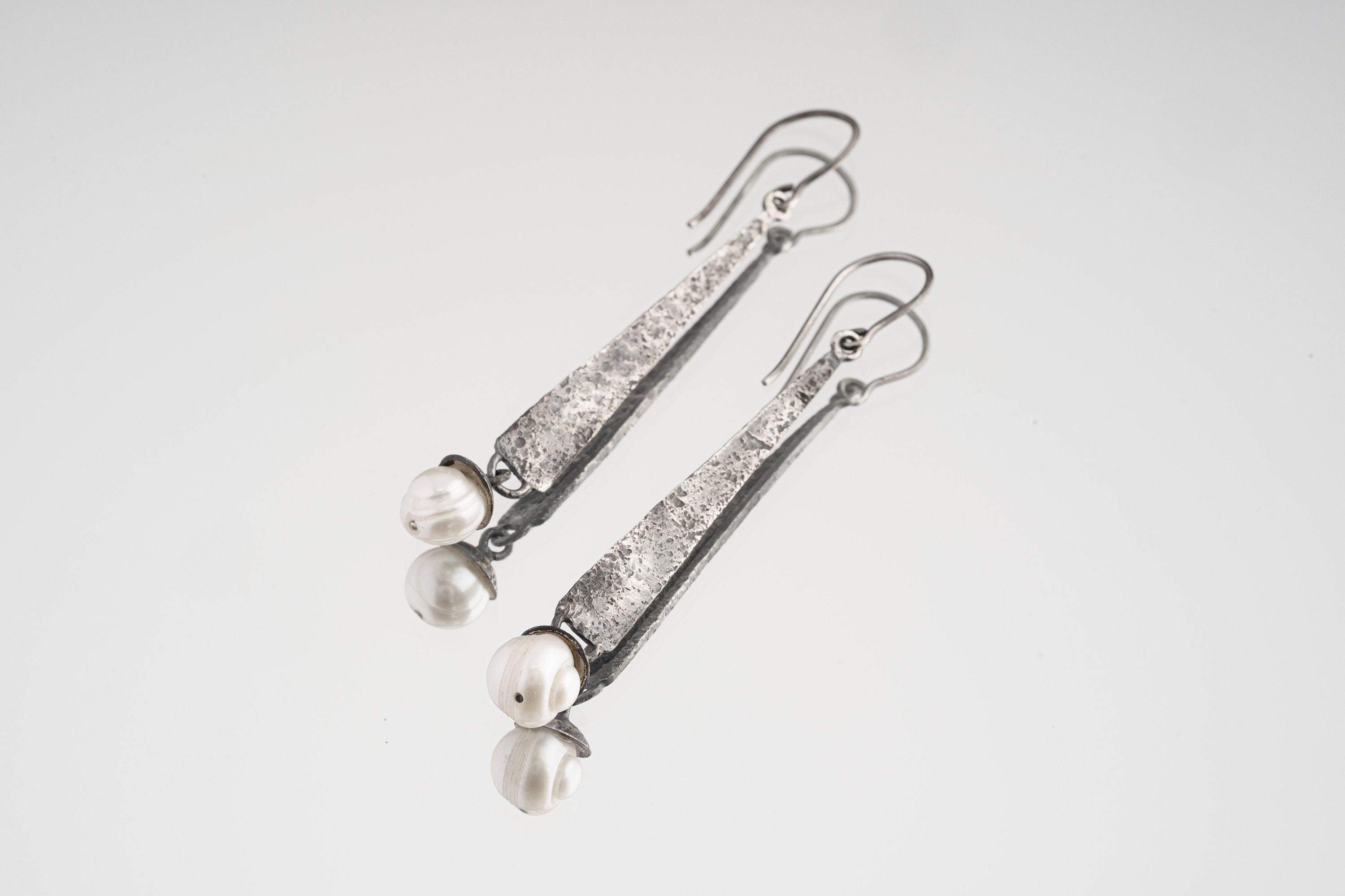 Natural Pearl - Oxidised Rustick Boho Vibe - 925 Sterling Silver - Long Textured Triangle & Gumnut like Dangle Earring Pair