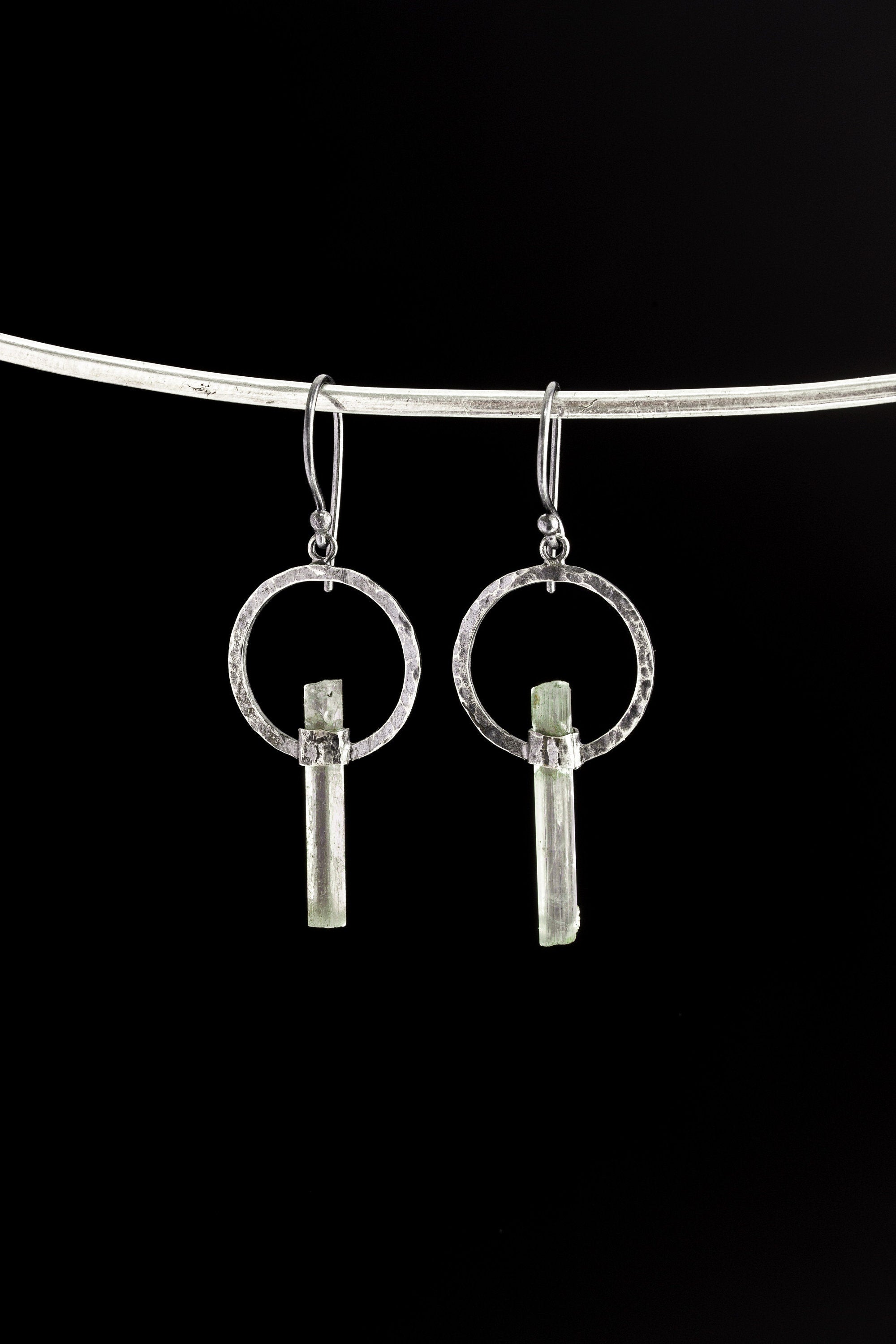 Oxidised Textured 925 Sterling Silver Crystal Hoop Dangle Earrings, Featuring Natural Himalayan Aquamarine Wand & Circle Portal Band Wrap