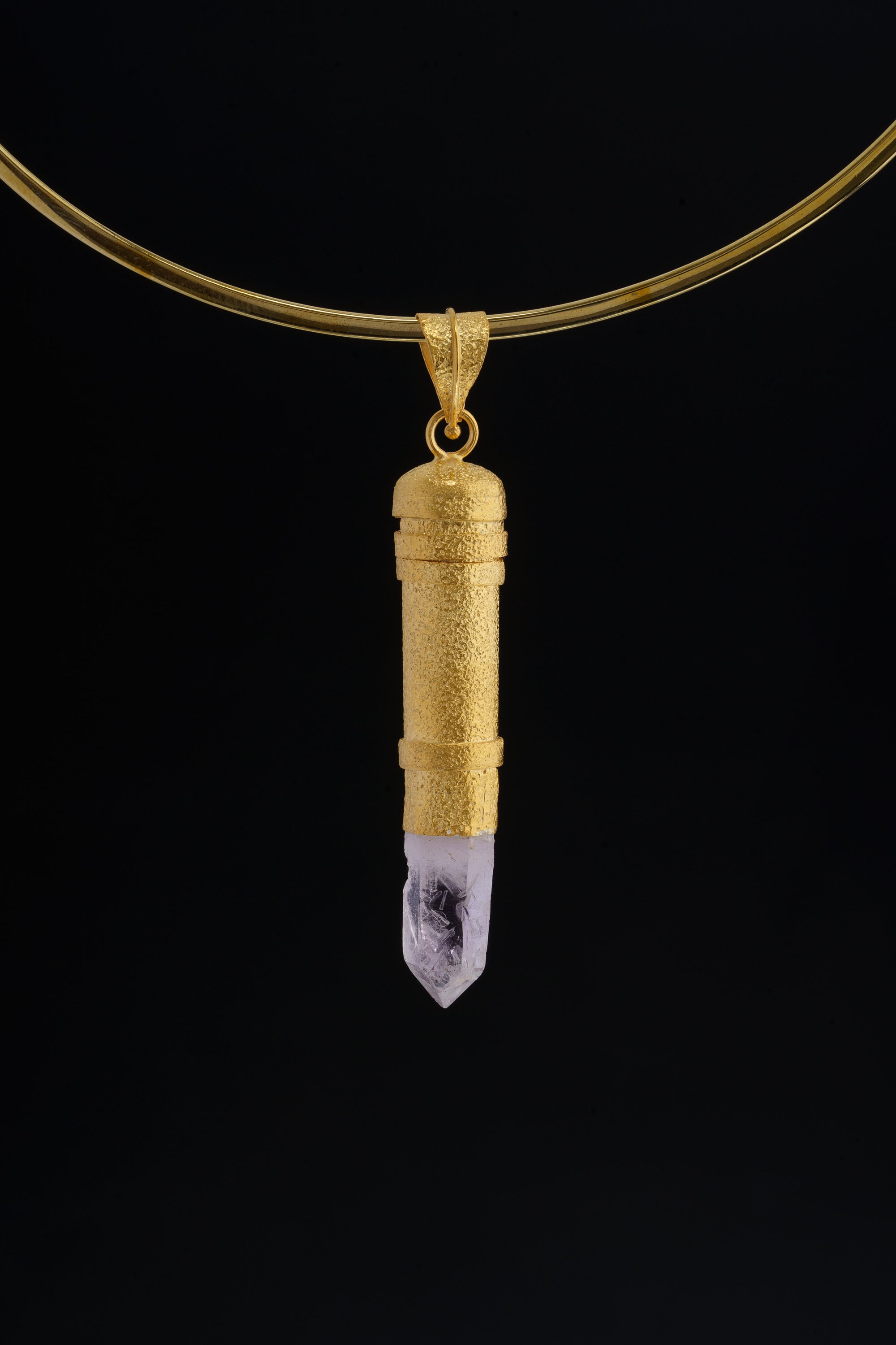 Enhydro Vera Cruz Amethyst Quartz - Sizable Solid Capsule Locket - Stash Urn - Textured & Gold Plated Sterling Silver Pendant - No 13