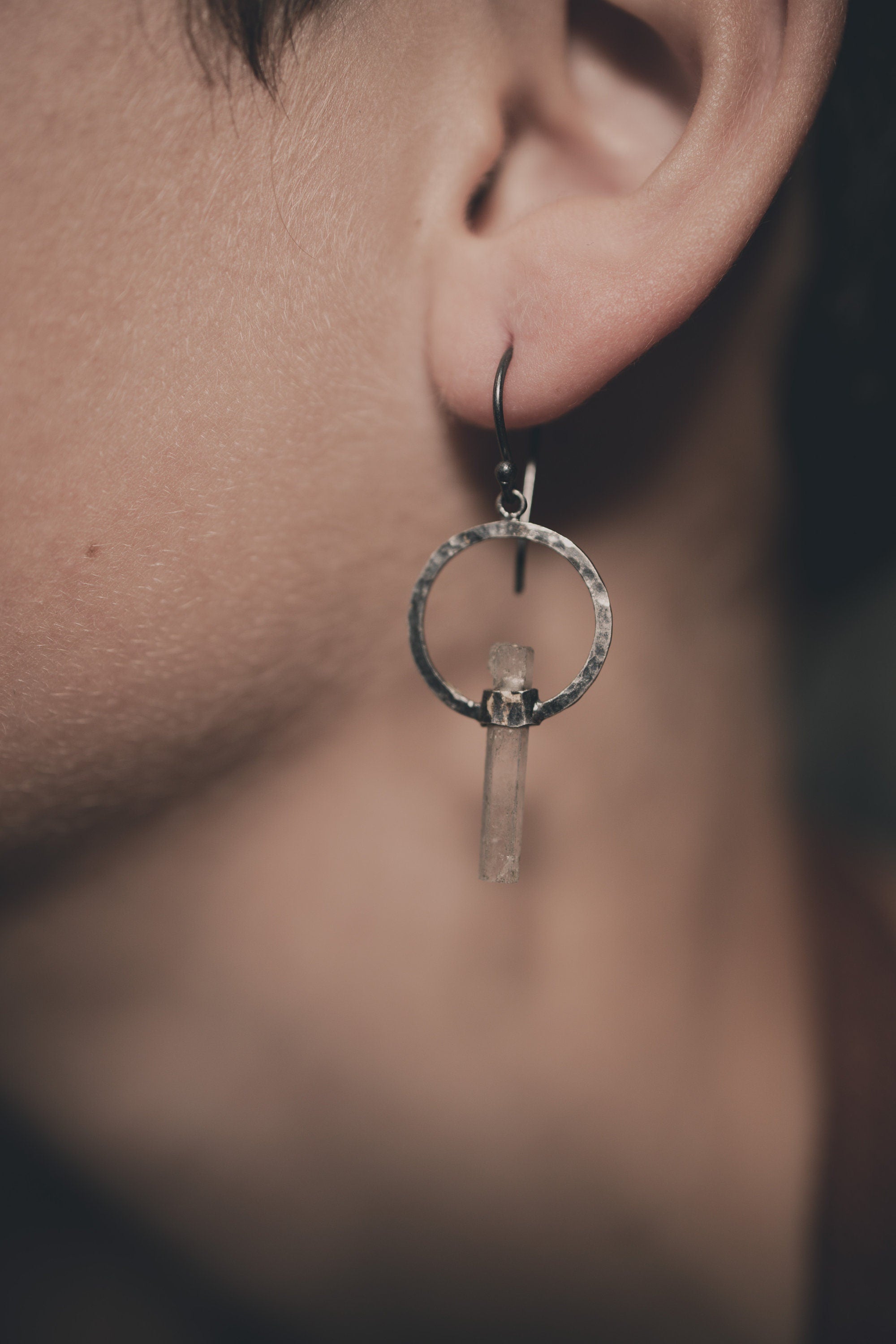 Oxidised Textured 925 Sterling Silver Crystal Hoop Dangle Earrings, Featuring Natural Himalayan Aquamarine Wand & Circle Portal Band Wrap